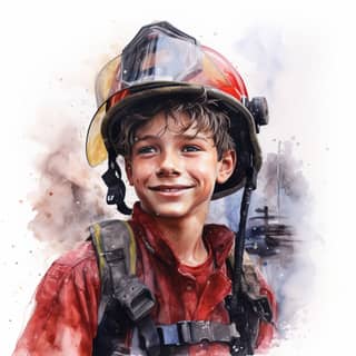 a 12-year-old smiling boy who will become a firefighter like a hero fire and water pleasant colors hyperrealistic watercolor