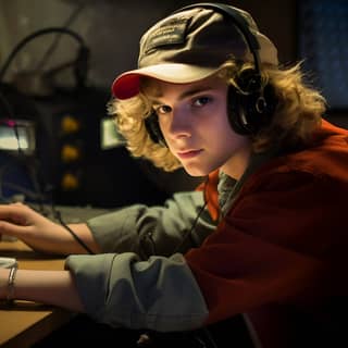 Un radioamatore di 15 anni con capelli biondo cenere ricci e un cappello nero a maglia chinato su un microfono radio nel ​​modo di una foto fissa degli anni '80.