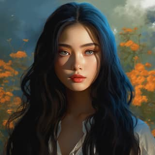 a 20 year old with long black hair and cerulean blue eyes She is standing in a garden There is morning light She wears 1890s