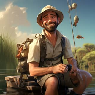 35 year old fishing man in Pantanal smilling white t-shirt with no collar and life jacket on very thin beard and hat