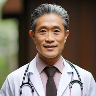 A 40-something Chinese male doctor sitting in the office wearing a white coat slightly vicissitudes of life giving a kind