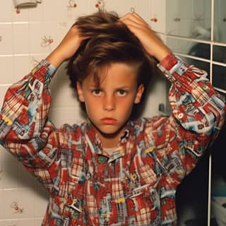 7 year old boy wearing pajamas sitting in the bathroom and combing his hair in 1990