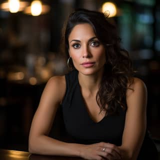 Seorang wanita Brasil cantik berusia 30-an dengan tubuh atletis dan ekspresi yang ramah, mengenakan gaun hitam, duduk di meja di sebuah kafe mewah dengan pencahayaan yang lembut dan difusi.