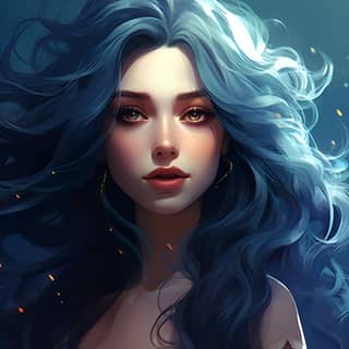 Dark blue hair woman shoulder long wavy hair in the style of romantic goth high-keyed palette darkest academia dark romatic