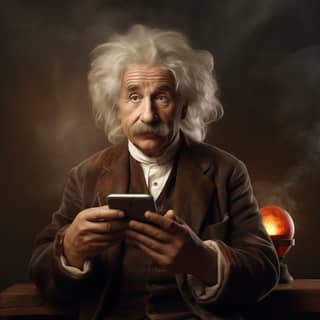 Albert Einstein usando uno smartphone.