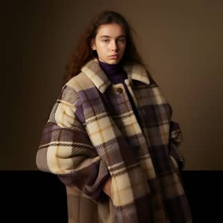 Modella indossa un cappotto di lana a quadri Ganni con una coda di cavallo stretta in un ambiente studio, catturata con una fotocamera Canon ad alta risoluzione.