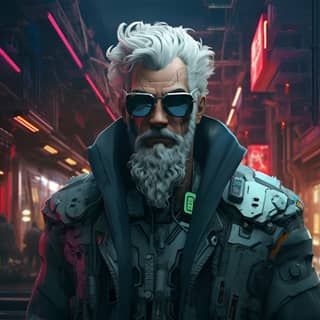 Old man cyberpunk white hair, an old man with white hair and sunglasses standing in a city