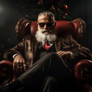 Papai Noel com barba e óculos escuros sentado em uma grande cadeira, retratando um Don da máfia chefe de uma gangue ameaçadora.