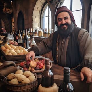 The Georgian greets the guests offers them wine and fruits and khachapuri around the restaurant barrels of wine