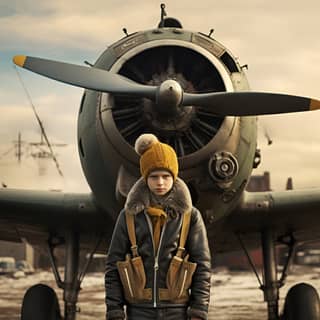 World War II german young military pilot wearing flight jacket standing next to messerschmidt fighter jet airport sunny day