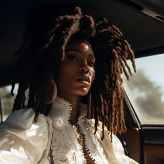 afro black model with dreadlocks wearing full white haute couture outfit posing in a car breakage sunny bright day editorial