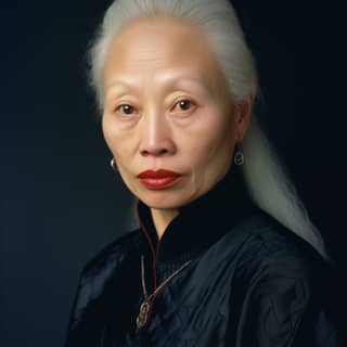 an asian albino woman by annie Leibovitz half Body shot by Hasselblad H6D Zeiss Kodachrome