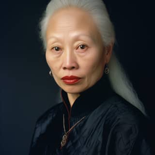 Donna albina asiatica con capelli bianchi e rossetto rosso fotografata da Annie Leibovitz usando una Hasselblad H6D.