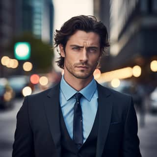 an attractive man with blue eyes dark wavy hair wearing an expensive suit standing relaxed against a business building with