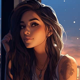 an illustration of anime woman round face tan skin long hair brown eyes tattoos on her arm night time in the morning sitting