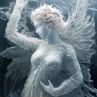 beautiful male angel-like frozen icework on window glass, an angel with wings and a white dress