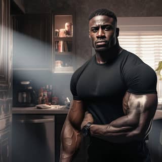 black muscular guy in a house with a fridge behind him the room isn't right lightened