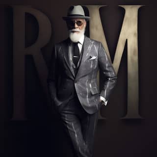 blonde male model wearing a silver suit with hat, in a suit and hat standing in front of the rm logo