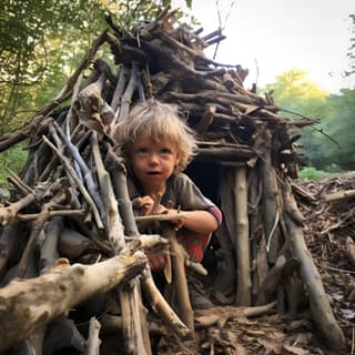 debris hut made by a kid, boy is sitting in a small hut made out of sticks