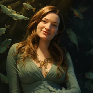 fantasy, in a blue dress sitting in front of fish