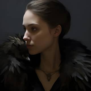 female dressed in an elegant black dress and black fur vest in the style of alex russell flint light brown and emerald