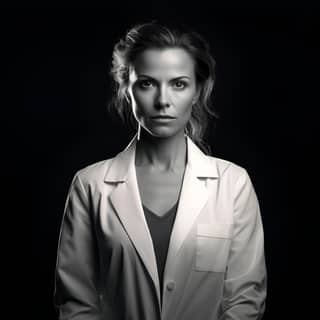 female scientist in white lab coat facing forward with direct serious calm expression hyper realistic