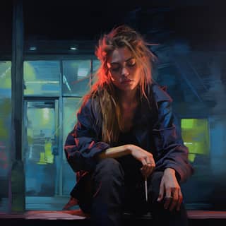 girl looks like denise richards disheveled indie grunge smoking outside of convenience store sitting on curb nightime neon