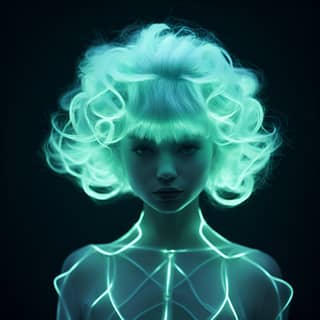 Ragazza con capelli neon e una parrucca verde che si illumina al buio.