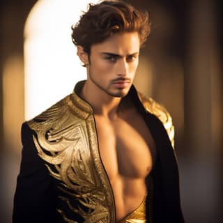 handsome prince in a tailored fantasy inspired gold tunic jacket with extremely intricate sun embroidery top four buttons