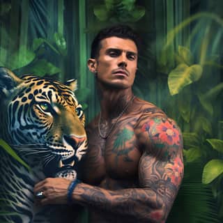 incredibly handsome male with tattoos with a jaguar in a jungle setting fantastical colorful romantic aesthetic