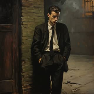 leaning against a wall in a dimnly lit street smoking a cigarette dressed in a black suit 1950's emotional moody