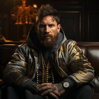 lionel messi on a golden sofa with a crown, with a beard sitting on a couch
