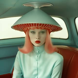 merriam rona saebner woman wearing alien hat in the style of william eggleston android jones light aquamarine and red