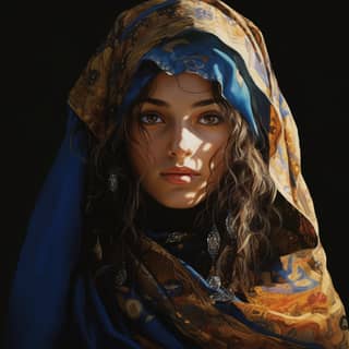 middle eastern, in a blue shawl