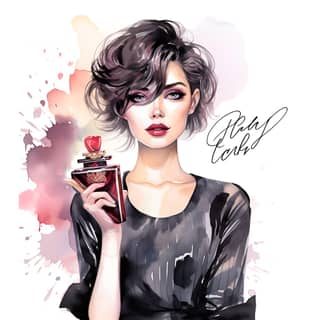 perfume bottle, watercolor illustration of with red lipstick and perfume