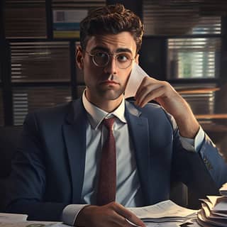 realistic businessman with tax papers - canon eos r6, in a suit sitting at a desk with a phone