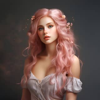 with rose gold hair gray eyes a slender neck and a delicate appearance looking like a fairytale princess with her shimmering