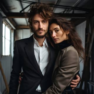 Donna e uomo si mettono in posa in un edificio abbandonato indossando semplici completi Saint Laurent.