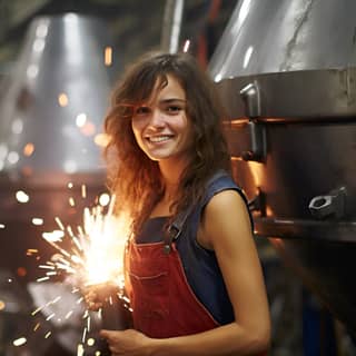 smile her focus evident in precise hand movements the industrial setting characterized by metallic surfaces and a symphony