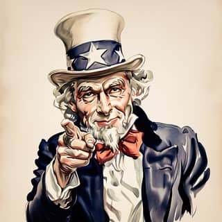 smiling happy uncle sam pointing, an old man in a top hat pointing at something