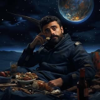 Oscar Isaac duduk di meja dengan makanan dan bir, sambil malam berbintang dia makan planet di angkasa.