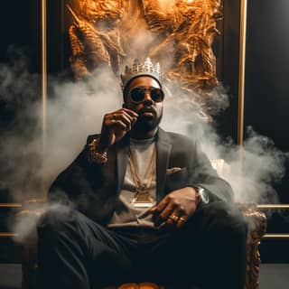 in a suit and a crown sitting on a chair with smoke coming out of his mouth