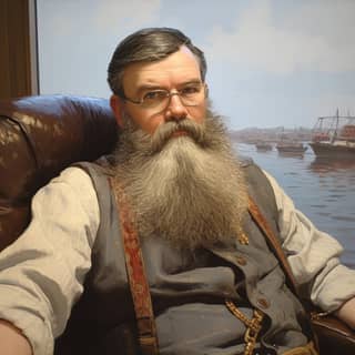 this man captaining a boat in the 19th century, with a beard and glasses sitting in a chair