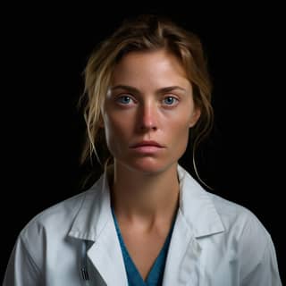 a tired exhausted haggard she looks like she's been up for 2 days no stethoscope in the style of Sacha Goldberger