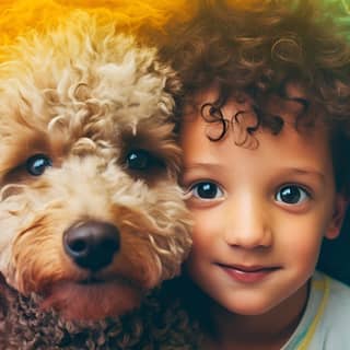 toddler with a poodle dog colorful and sunny closeup upside down