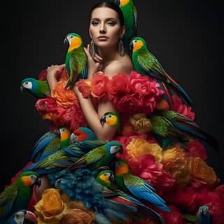 woman with a ballgown made of parrots, in a dress surrounded by colorful birds