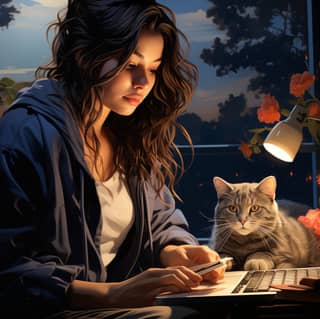 woman home office work desk with cat stock photo steveny in the style of detailed character illustrations light navy and