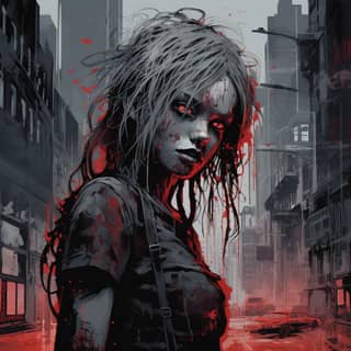 Una chica zombie con la sangre goteando está parada en medio de una calle de la ciudad con un estilo oscuro y atrevido.