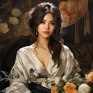 Illustration style: youn corean lady in silky dress, woman in a white robe holding a bouquet of flowers