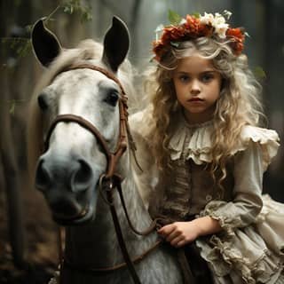 Little girls riding on stems with horse head, a little girl in a dress riding a horse